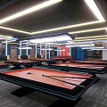 Spacious Billiard Room Interior With Multiple Tables Balls And Cues Under Bright Lighting 3d model
