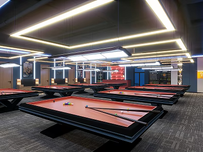 Spacious Billiard Room Interior With Multiple Tables Balls And Cues Under Bright Lighting 3d model