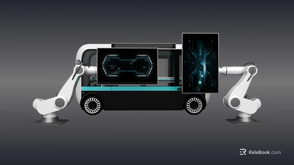 Modern Interactive Zone With Robotic Arms Display Screen And Mobile Tech Unit 3d model 