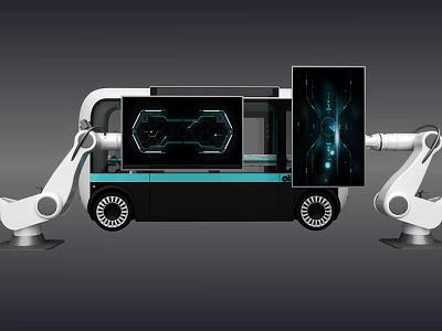 Modern Interactive Zone With Robotic Arms Display Screen And Mobile Tech Unit 3d model