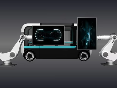 Modern Interactive Zone With Robotic Arms Display Screen And Mobile Tech Unit 3d model