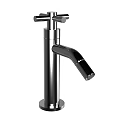 Modern Polished Metal Faucet With Dual Handles And Curved Spout Design