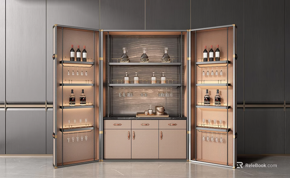 Elegant Modern Wine Cabinet With Glass Doors Layered Shelves Wine Bottles Glasses And Wooden Drawers 3d model 