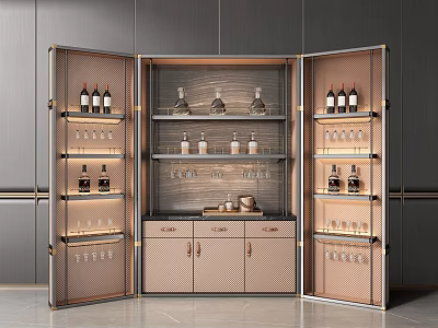 Elegant Modern Wine Cabinet With Glass Doors Layered Shelves Wine Bottles Glasses And Wooden Drawers 3d model