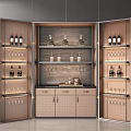 Elegant Modern Wine Cabinet With Glass Doors Layered Shelves Wine Bottles Glasses And Wooden Drawers