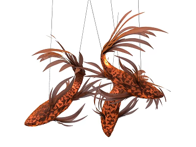 Artistic Fish Shaped Chandelier With Brown Orange Patterns And Leaf Like Decorations 3d model