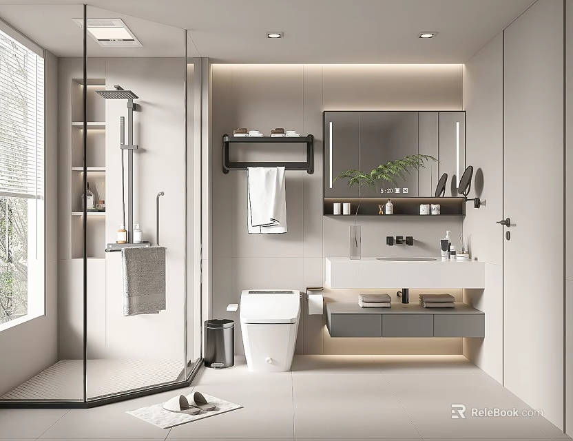Modern Bathroom Interior Design With Glass Partition Shower Area Vanity Mirror And Green Plant 3d model 