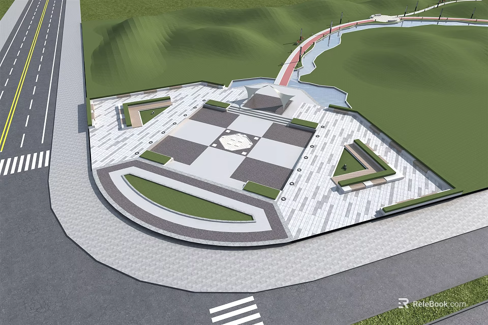 Park Landscape With Geometric Paved Plaza Green Lawns And Pathways 3d model 