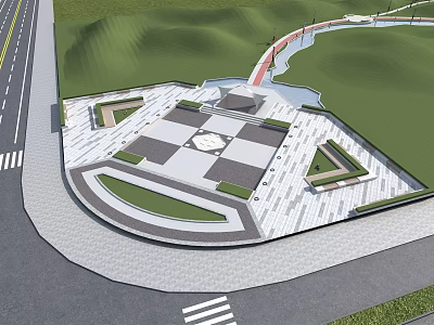 Park Landscape With Geometric Paved Plaza Green Lawns And Pathways 3d model