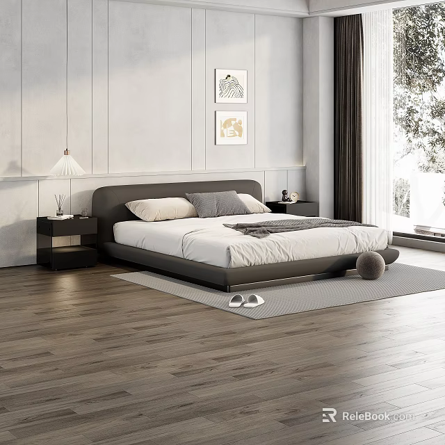 Modern Double Bed with Grey Headboard White Mattress Side Tables Bedside Lamp and Wall Art 3d model 
