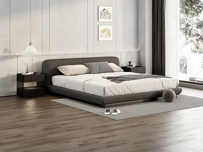 Modern Double Bed with Grey Headboard White Mattress Side Tables Bedside Lamp and Wall Art 3d model