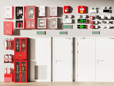 Essential Fire Safety Equipment Including Extinguishers Cabinets Alarms Emergency Lights And Exits 3d model