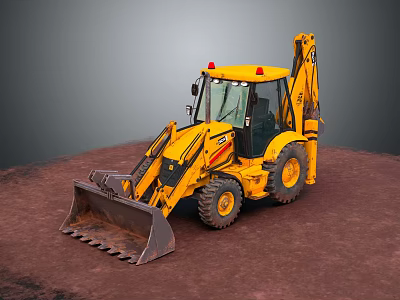 Yellow Backhoe Loader Featuring Red Warning Lights Front Bucket And Large Tires 3d model