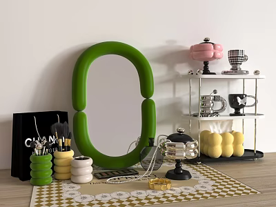 Decorative Ornament Set With Green Oval Mirror Metal Shelf Colorful Decor Pieces Glasses And Necklace 3d model