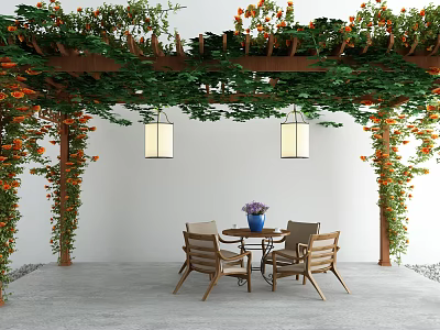 Cozy Pergola With Green Vines Orange Flowers And Hanging Lanterns Over Table And Chairs 3d model