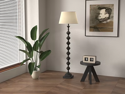 Modern Floor Lamp Beside Green Plant Small Side Table Art Painting on Wooden Floor 3d model