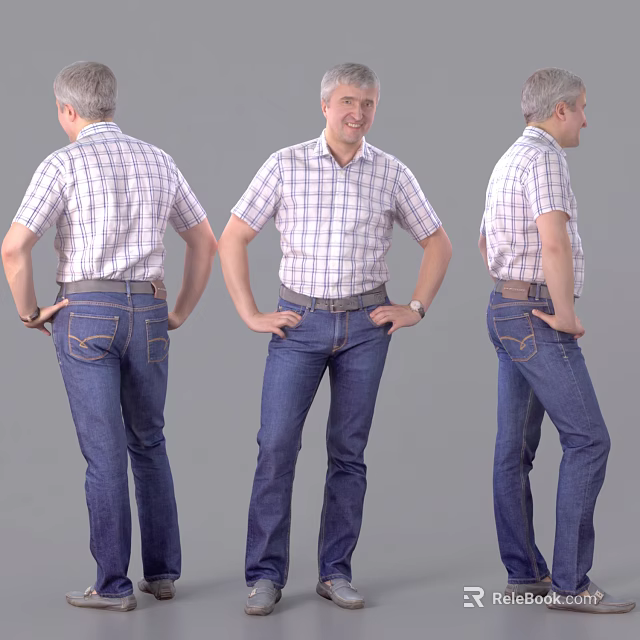 Man in Checkered Shirt and Blue Jeans Posing from Three Different Angles 3d model