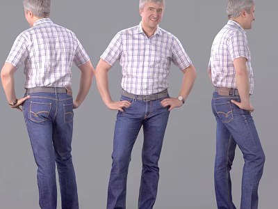 Man in Checkered Shirt and Blue Jeans Posing from Three Different Angles 3d model