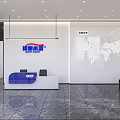 Modern Reception Desk Interior Design With White Walls World Map Backdrop Black Sofas And Marble Floor 3d model