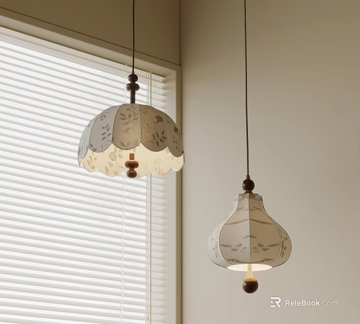 Elegant Fabric Pendant Lights with Floral Pattern and Scalloped Shades by Window Blinds 3d model