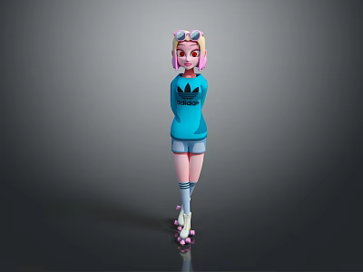 Game Movie Character With Pink Yellow Pigtails Blue Adidas Hoodie Shorts And Pink Roller Skates 3d model