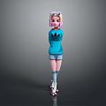 Game Movie Character With Pink Yellow Pigtails Blue Adidas Hoodie Shorts And Pink Roller Skates