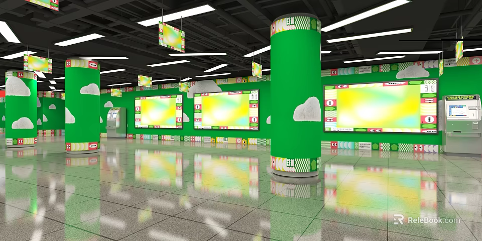 Bright Station Interior Featuring Green Pillars Large Screens Hanging Lights Cloud Decorations And Shiny Floor 3d model 
