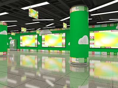 Bright Station Interior Featuring Green Pillars Large Screens Hanging Lights Cloud Decorations And Shiny Floor 3d model
