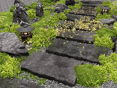 Natural Garden Stepping Stones Path With Greenery Rocks Wooden Lanterns And Fallen Leaves 3d model