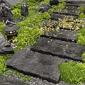Natural Garden Stepping Stones Path With Greenery Rocks Wooden Lanterns And Fallen Leaves
