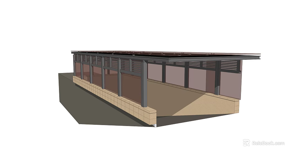 Modern Bus Shelter Structure With Glass Panels And Brick Base Roof Awning 3d model 