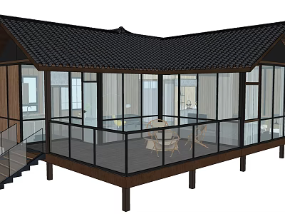 Modern Homestay Building with Black Tiled Roof Glass Windows Wooden Structure and Glass Railing Balcony 3d model