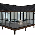 Modern Homestay Building with Black Tiled Roof Glass Windows Wooden Structure and Glass Railing Balcony