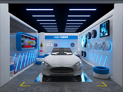 Modern Auto Repair Shop Interior With White Car Blue Lighting And Tires 3d model