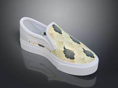 Slip On Casual Shoes With Gold And Black Ginkgo Leaf Pattern And White Sole 3d model