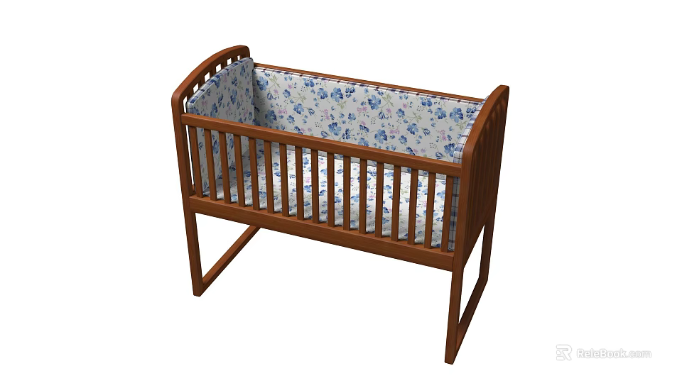 Sturdy Wooden Baby Crib With Railings And Blue White Floral Mattress 3d model 
