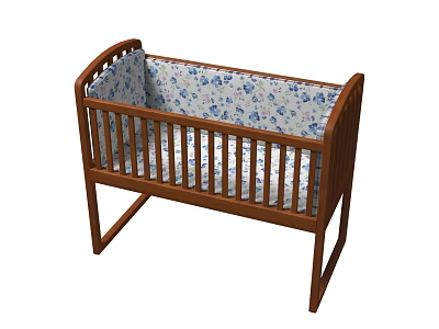 Sturdy Wooden Baby Crib With Railings And Blue White Floral Mattress 3d model
