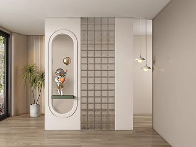 Modern Entryway Hallway Featuring White Partition Oval Niche Gold Decor Grid Pattern And Wooden Flooring 3d model