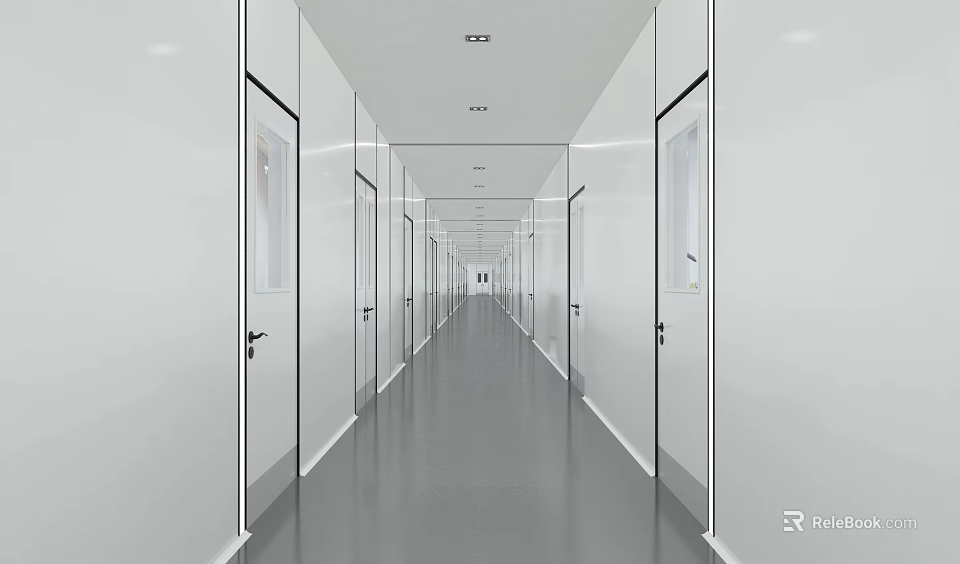 Modern Elevator Hallway Design With White Walls Glass Doors And Ceiling Lights 3d model