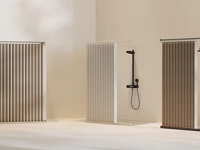 Modern Bathroom Accessories Featuring Various Colored Radiators And Black Shower Head 3d model