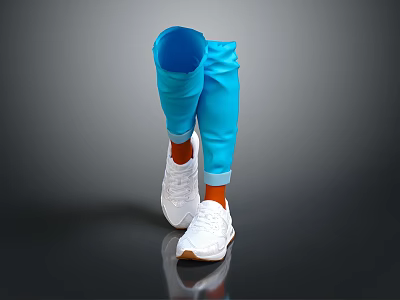 White Casual Sneakers Worn With Blue Pants On Legs Against Gray Reflective Floor 3d model