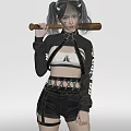 Woman In Black Leather Jacket Holding Baseball Bat With White Crop Top And Strappy Pants