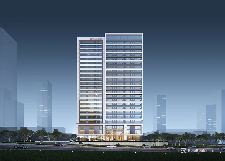 Modern High Rise Hotel Building With Glass Facade And Night Lighting In Urban Area 3d model 