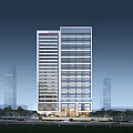 Modern High Rise Hotel Building With Glass Facade And Night Lighting In Urban Area