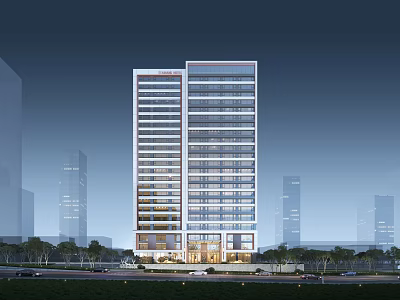 Modern High Rise Hotel Building With Glass Facade And Night Lighting In Urban Area 3d model
