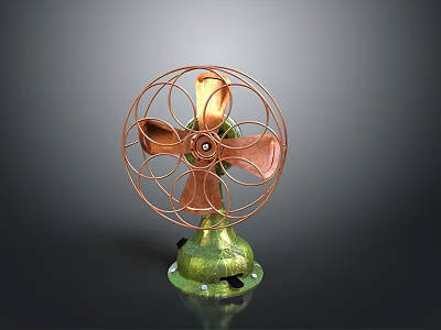 Retro Style Computer Cooling Fan With Copper Blades Metal Mesh And Green Base 3d model
