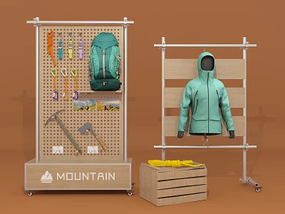 DP Display Unit For Mountain Outdoor Gear With Backpack Jacket And Tools On Wooden Shelf 3d model