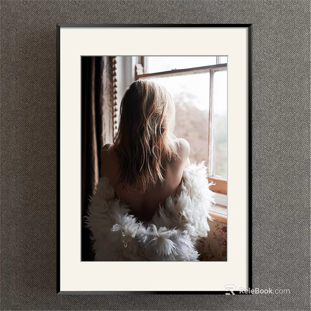 Framed Portrait Painting of Girl Back View by Window with White Fluffy Shawl and Trees 3d model 