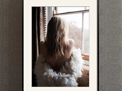 Framed Portrait Painting of Girl Back View by Window with White Fluffy Shawl and Trees 3d model