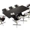 Dark Wooden Conference Table With Eight Black And White Metal Leg Chairs And Open Book